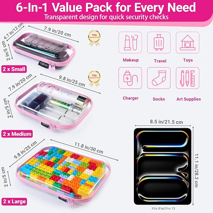 YQBRAO 6 Pack Soft Pink Clear Hard Shell Zipper Case, 1.2mm Crush-Proof Makeup - Image 4
