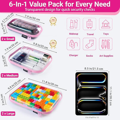 YQBRAO 6 Pack Soft Pink Clear Hard Shell Zipper Case, 1.2mm Crush-Proof Makeup - Image 4