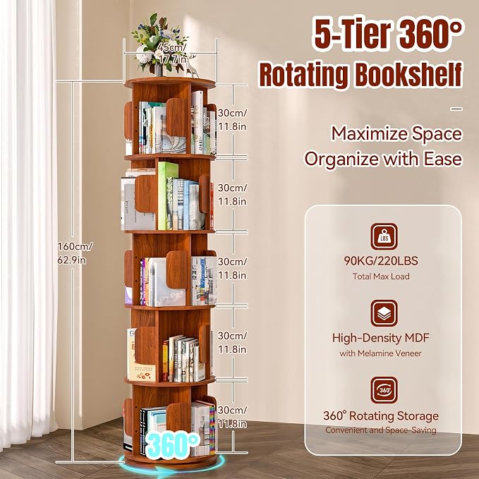 5-Tier 360° Rotating Bookshelf, Round Floor Standing Bookcase - Image 2