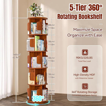 5-Tier 360° Rotating Bookshelf, Round Floor Standing Bookcase - Image 2