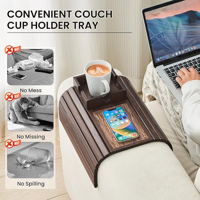 Bamboo Sofa Arm Tray Table, Foldable Couch Cup Holder, Anti-Slip Wide Couch Arm - Image 4