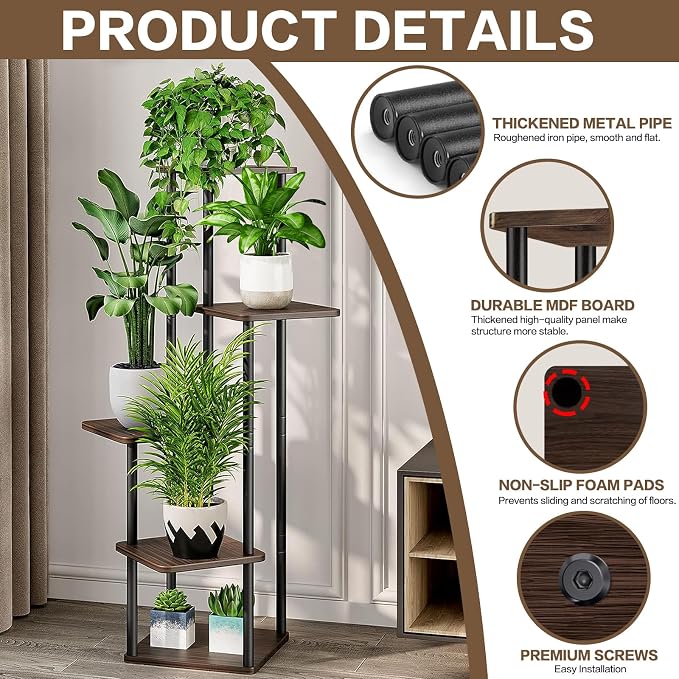 5 Tier Plant Stand Indoor, Thickened Metal Wood Corner Plant Shelf Stands - Image 3