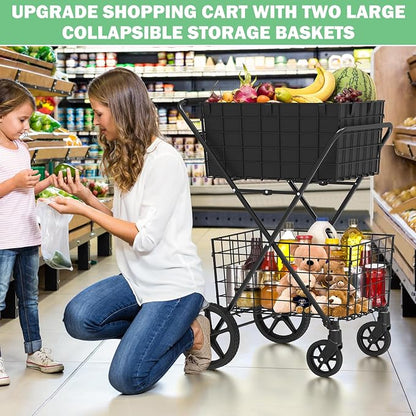  2-Tier Large Collapsible Grocery Cart On Wheels 400lbs Shopping Cart | - Image 5