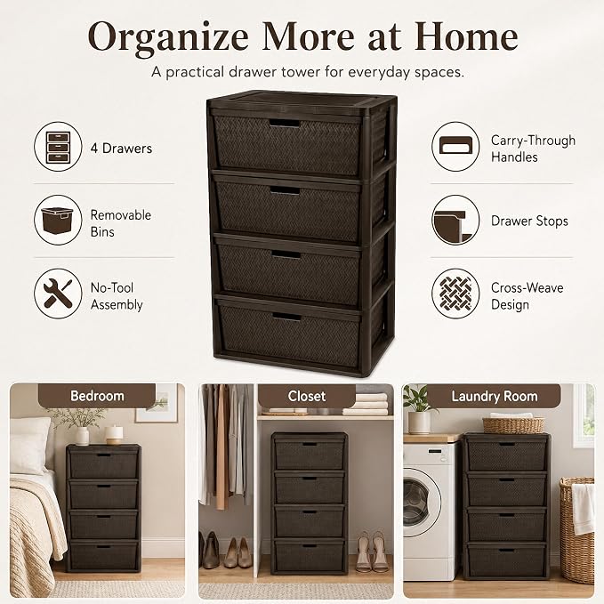 4 Drawer Storage Organizer, Plastic Drawer Organizer Tower, Closet Storage - Image 4