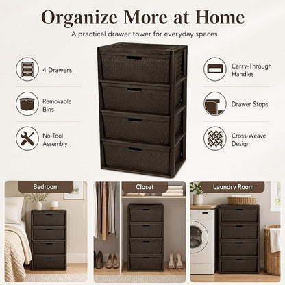 4 Drawer Storage Organizer, Plastic Drawer Organizer Tower, Closet Storage - Image 4