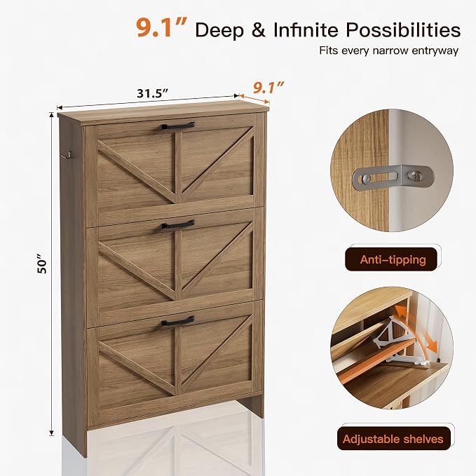 Nicetree Shoe Cabinet for Entryway, 3 Flip Drawers Shoe Storage Cabinet - Image 2
