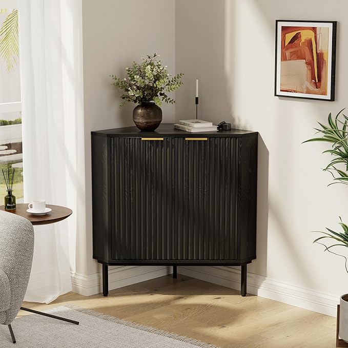 Modern Fluted Corner Cabinet, Wooden Small Floor Storage Cabinet - Image 5