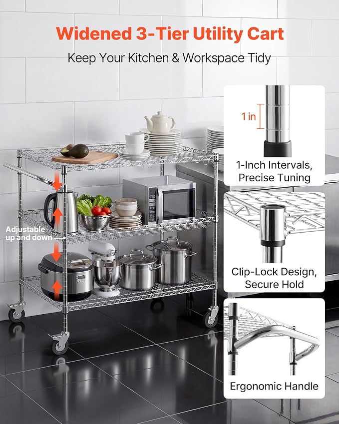 VEVOR Kitchen Utility Cart, 3 Tier Heavy Duty Adjustable Wire Storage Rack - Image 2