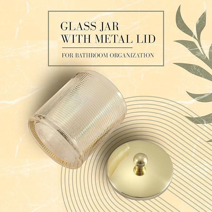Tan Colored Tranlucent Apothecary Ribbed Geometric Etched Glass Jar W/Gold - Image 6