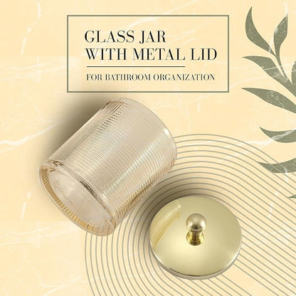 Tan Colored Tranlucent Apothecary Ribbed Geometric Etched Glass Jar W/Gold - Image 6