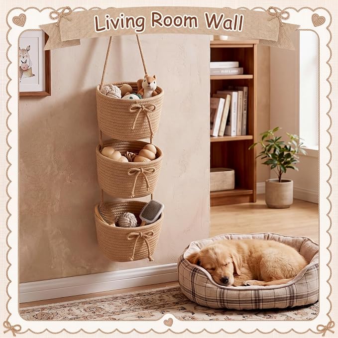 3-tier Hanging Basket Wall Mounted Coquette Bow Cotton Rope Hanging Storage - Image 4