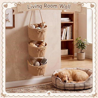 3-tier Hanging Basket Wall Mounted Coquette Bow Cotton Rope Hanging Storage - Image 4