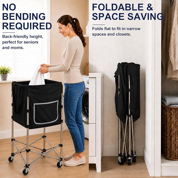 Laundry Cart with Wheels, 35.9" No-Bend Rolling Cart, 600D washable bag - Image 3