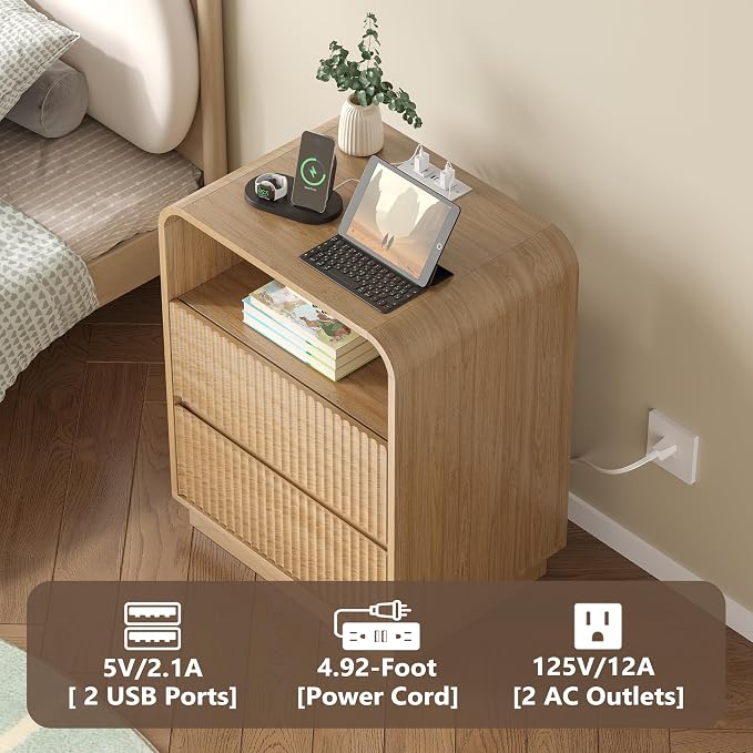 Dresser with 2 Drawers and Charging Station, Fluted Bedside Table with Round - Image 4