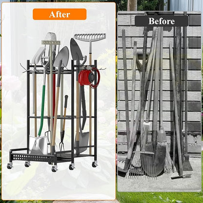 Garden Tool Organizer with Wheels, Heavy-Duty Steel Garage Tool Storage Rack - Image 5