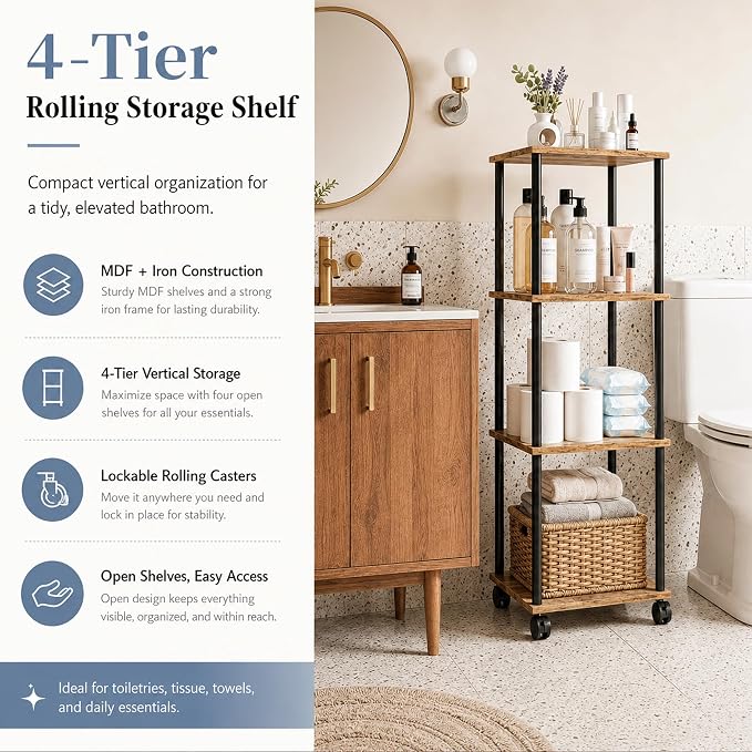 4-Tier 38.2" Tall Rustic Brown Bathroom Shelving Unit - Image 6