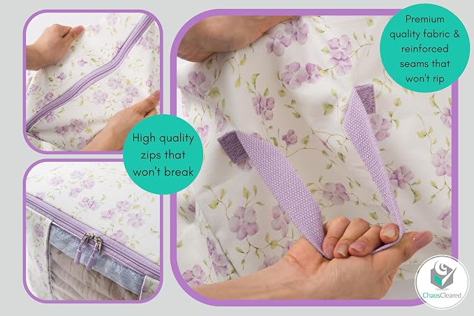Designer Canvas Clothing Storage Bags 2 Pack Purple Floral Clothes Organizer - Image 6