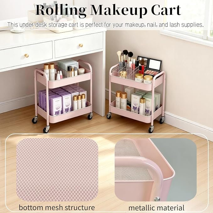 2 Tier Pink Rolling Cart with Wheels - Image 4