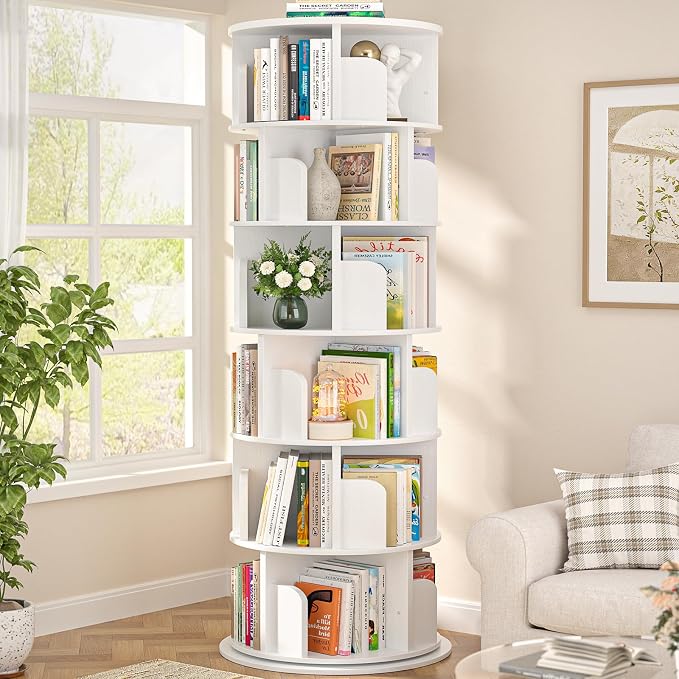 Aheaplus 6 Tier Rotating Bookshelf, Wood Spinning Bookshelf Tower, Round by Aheaplus