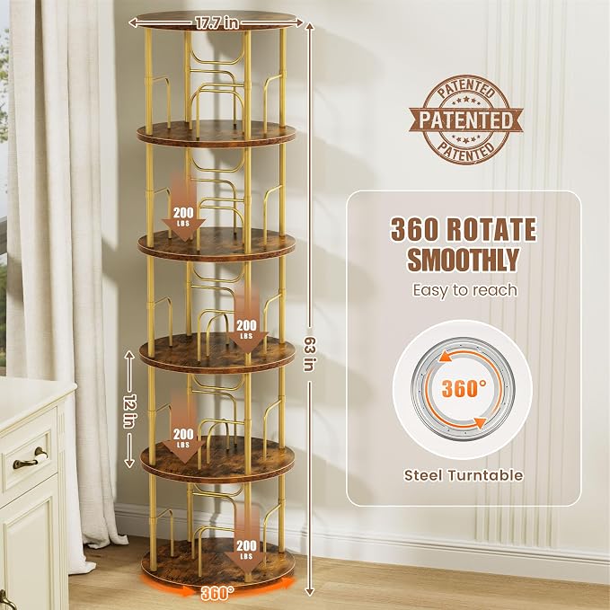 Flycity 5 Tier Rotating Bookshelf, 360° Corner Bookshelf Tower, Round Revolving - Image 2