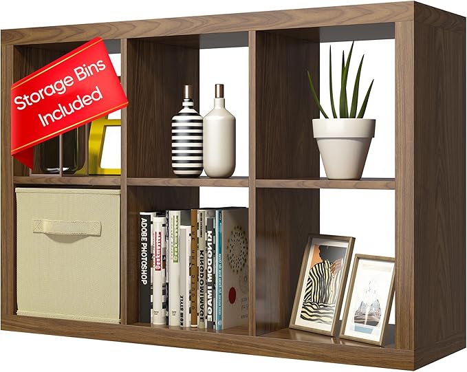 furtble Bookshelf with Storage Bin, 6-Cube Storage Organizer, Modern Wood Open by furtble