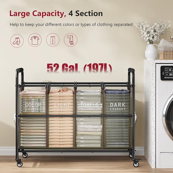 Tajsoon 4 Bag Laundry Sorter Cart, 4 Section Laundry Hamper Sorter - Image 3