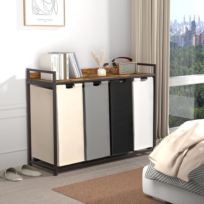 Laundry Hamper with Shelf, Laundry Basket 4 Section, Laundry Sorter with - Image 3