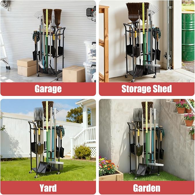 Garden Tool Organizer with Wheels, Heavy Duty Rolling Yard Tool Rack with 14 - Image 7