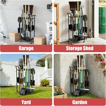 Garden Tool Organizer with Wheels, Heavy Duty Rolling Yard Tool Rack with 14 - Image 7