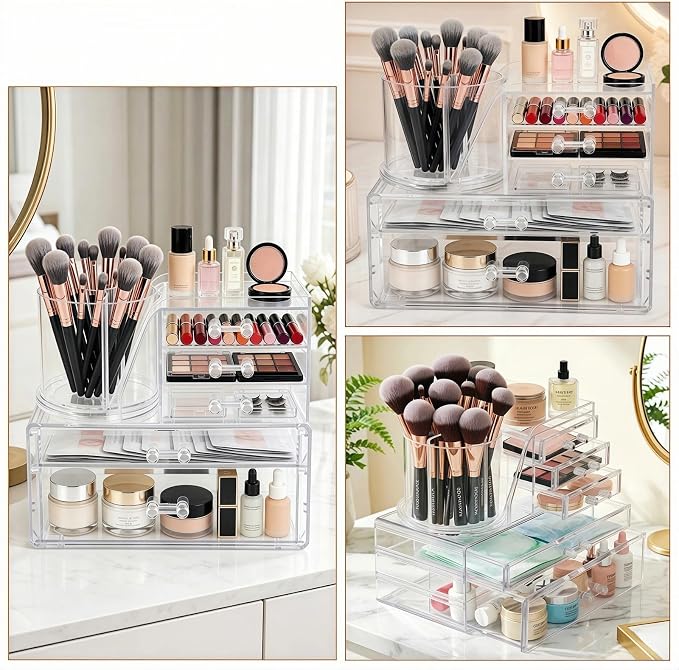 Clear Acrylic Makeup Organizer Countertop 360° Rotating & Removable Storage - Image 7