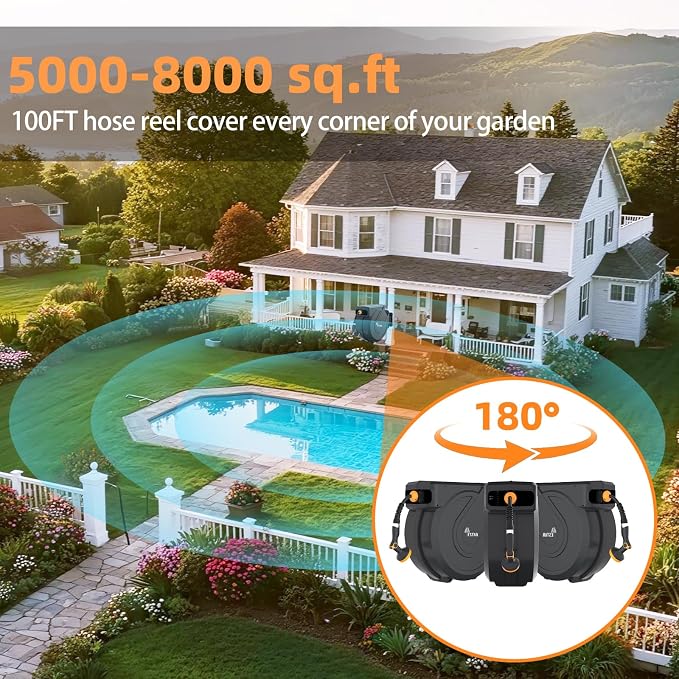 Retractable Garden Hose Reel 5/8 in x100 ft, Heavy Duty Wall Mounted Hose Reel - Image 2