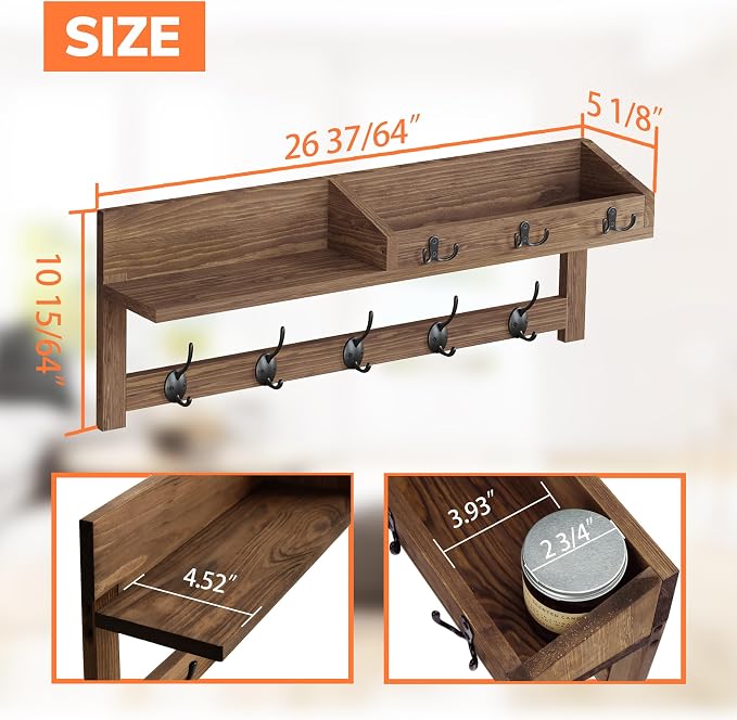 AMBIRD Wall Hooks with Shelf 26.57inch Entryway Wall Hanging Shelf Wood Coat - Image 6