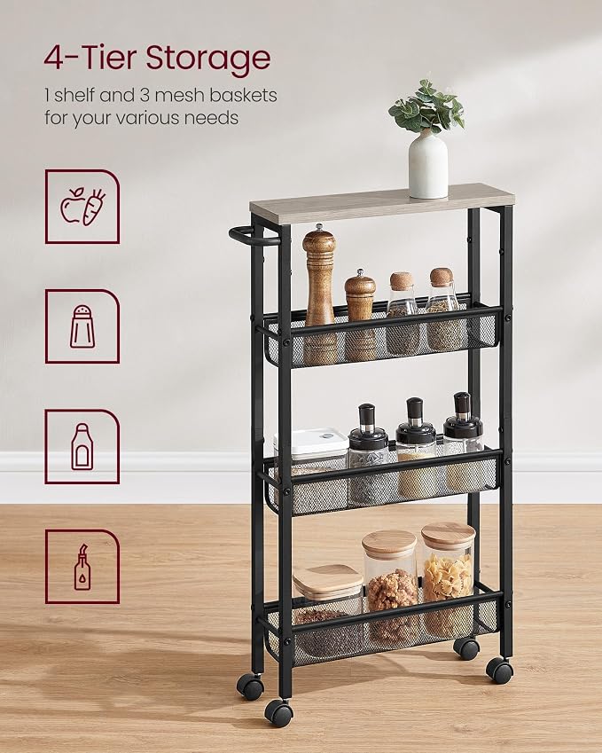 VASAGLE Slim Rolling Cart, 4-Tier Storage Cart, Narrow Cart - Image 4