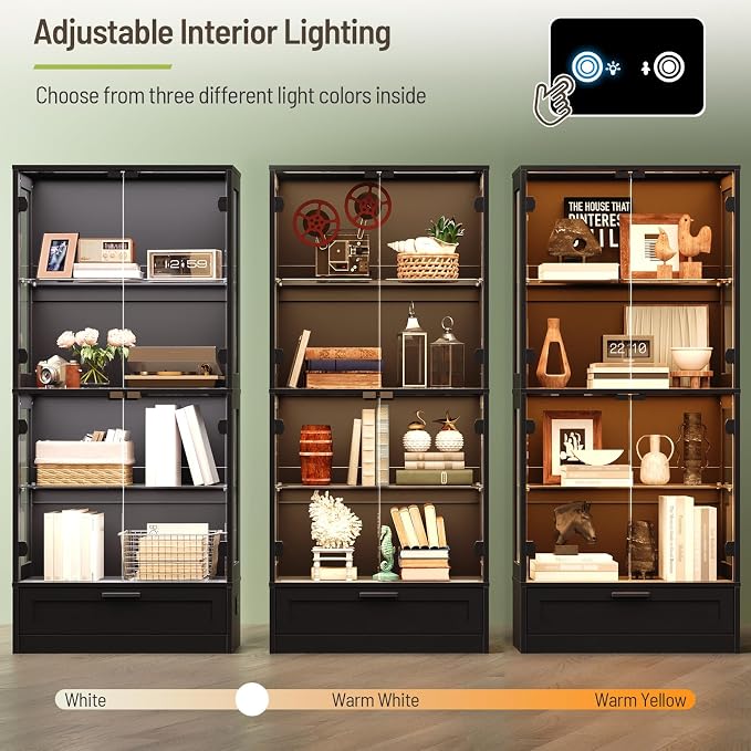 Display Cabinet with Glass Doors, 3 Color Lights, Auto-On Sensor, 4 Tempered - Image 4