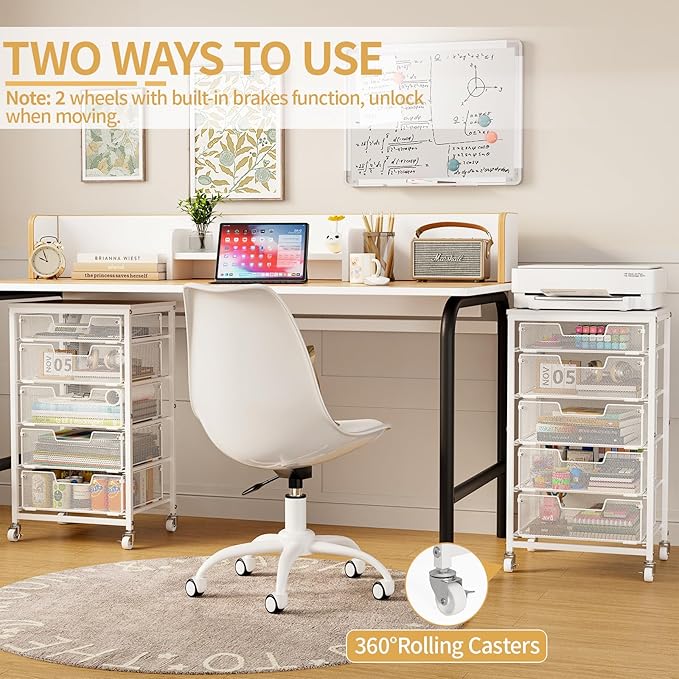 Sbanmao Utility Cart with 5 Drawers, Rolling Storage Cart with Wooden Tabletop - Image 3