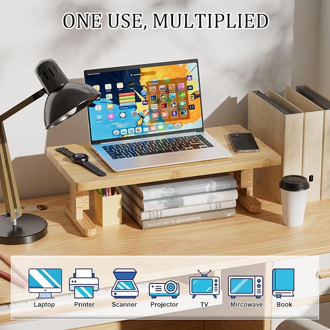 Bamboo Monitor Stand Riser for Desk, Height Adjustable Computer Riser & Laptop - Image 8