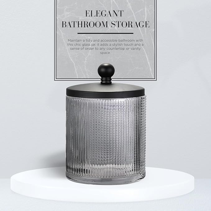 Gray Colored Tranlucent Apothecary Ribbed Geo Etched Glass Jar W/Matte Black - Image 5