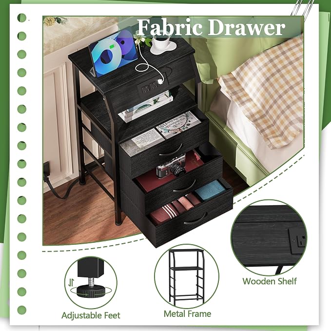 Furnulem Night Stand with Charging Station, 3 Drawers Bedside Table, Small - Image 7