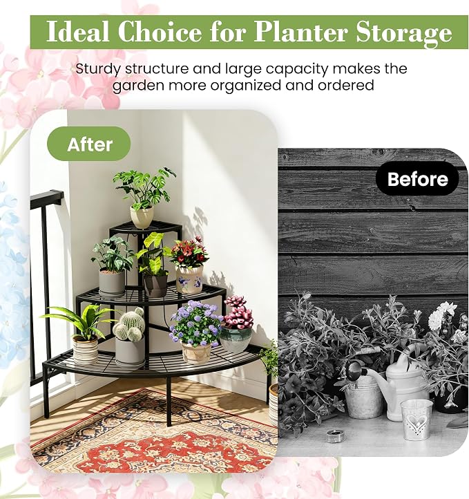 Plant Pot Stand Shelf, 3 Tier Flower Quarter Display Rack, Metal Succulent - Image 8