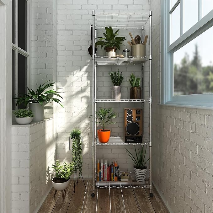 Homdox 5 Tier Steel Wire Shelving Unit on Wheels, Chrome Shelves - Image 2