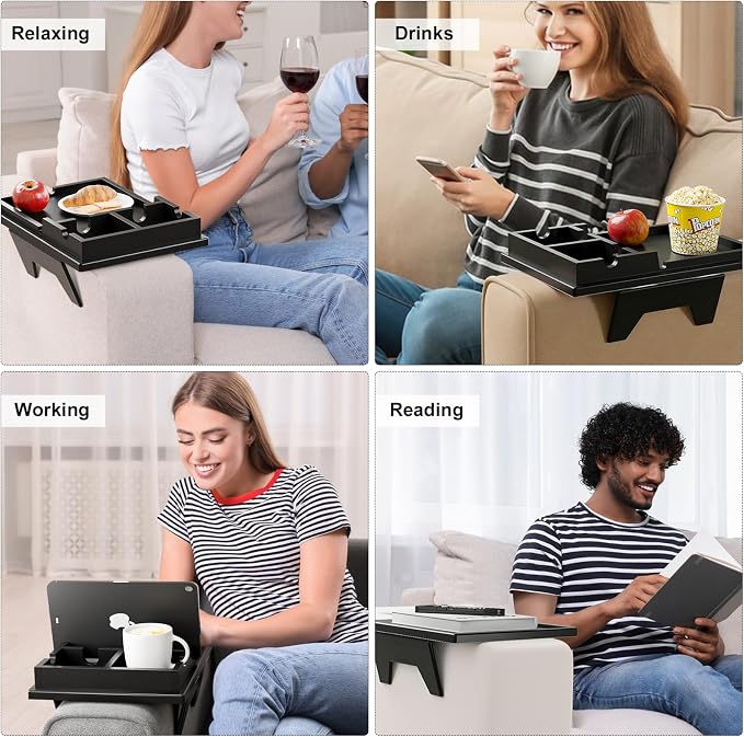 Black Couch Cup Holder Tray - 2 in 1 Couch Armrest Table - Foldable Sofa - Image 5