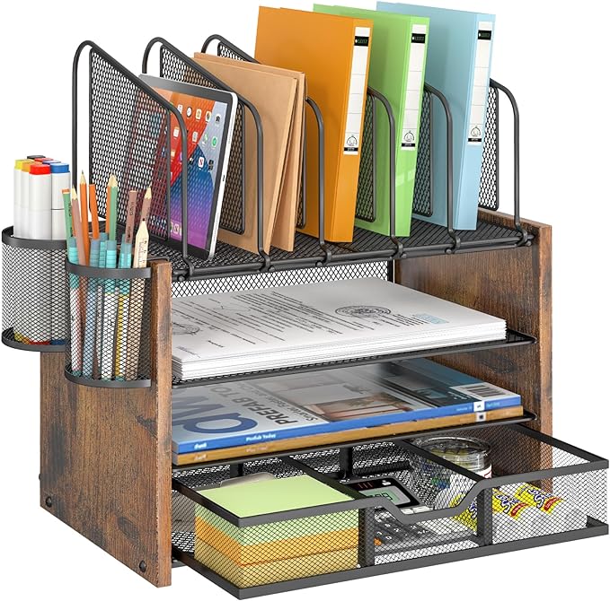 DAOUTIME 4-Tier Mesh Desk Organizer, Wooden Desk File Organizer by DAOUTIME