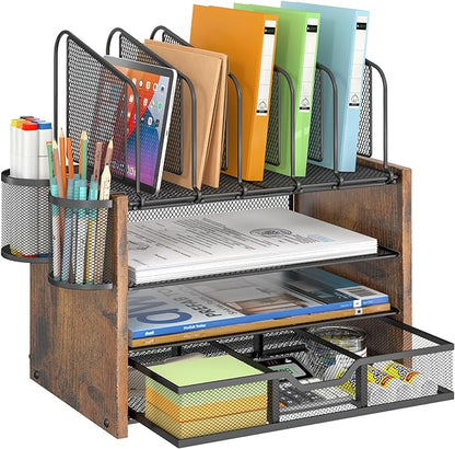 DAOUTIME 4-Tier Mesh Desk Organizer, Wooden Desk File Organizer by DAOUTIME