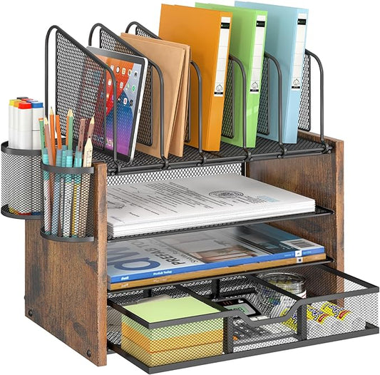 DAOUTIME 4-Tier Mesh Desk Organizer, Wooden Desk File Organizer by DAOUTIME