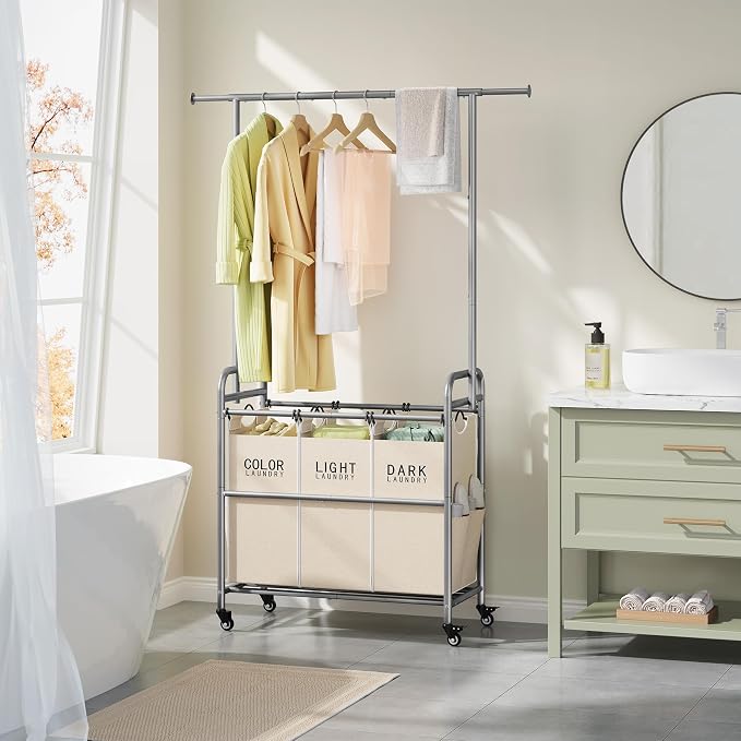 Tajsoon Laundry Hamper with Hanging Rack, 3 Section Laundry Sorter with Heavy - Image 8