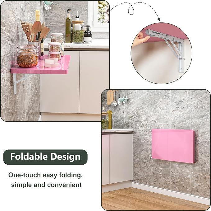 Clikuutory Pink Wall Mounted High Gloss Folding Table, Wall Desk Fold Down - Image 5