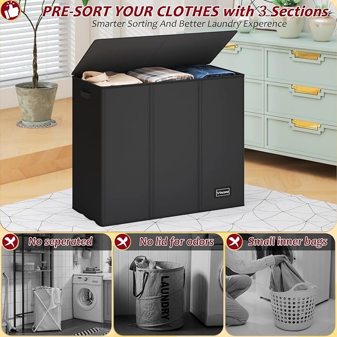 195L Laundry Hamper 3 Section, Large Laundry Hamper - Image 3