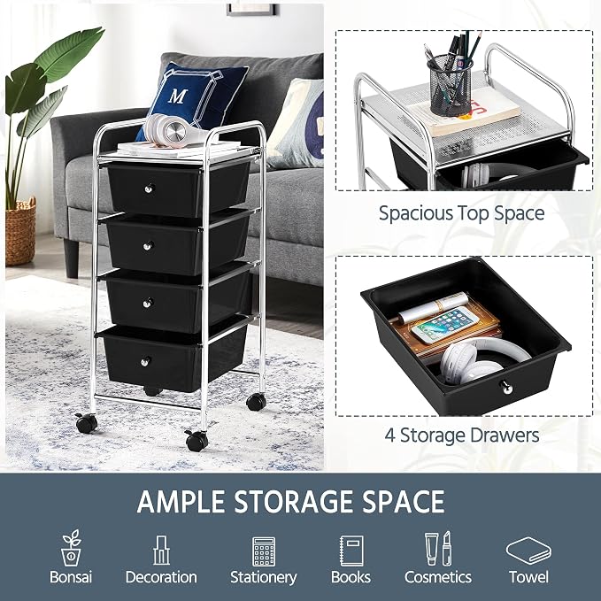 Yaheetech 4 Drawers Cart Rolling Storage Organizer Metal Frame Plastic Drawers - Image 6