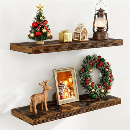 32 Inch Floating Shelves for Wall Set of 2, Rustic Wood Wall Mounted Floating by FunMemories