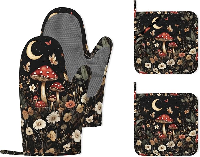 Red Mushroom Butterfly Heat-Resistant Silicone Oven Mitts and Pot Holders by Unknown
